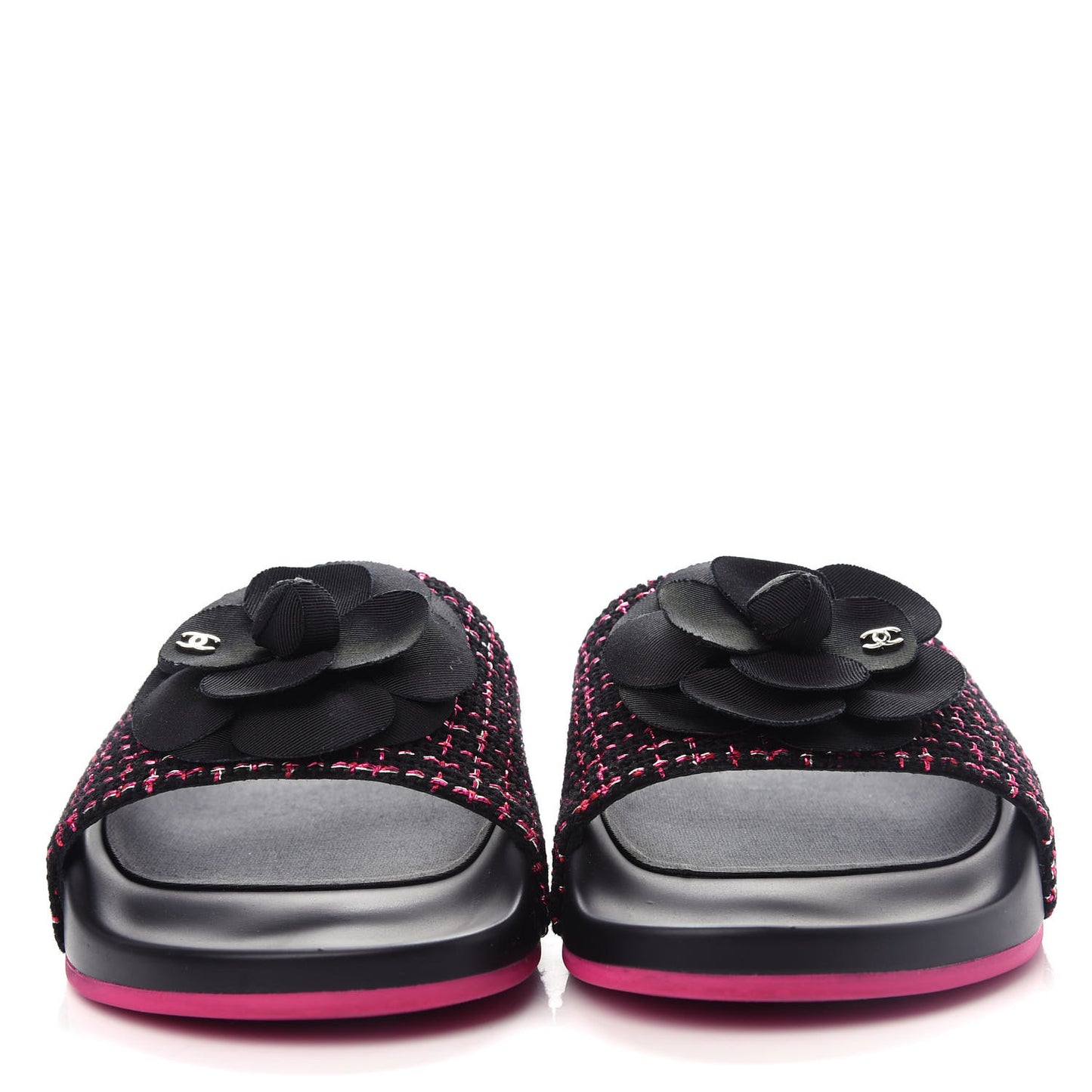 Tweed Grosgrain Camellia CC Flat Mules 37 Black Pink