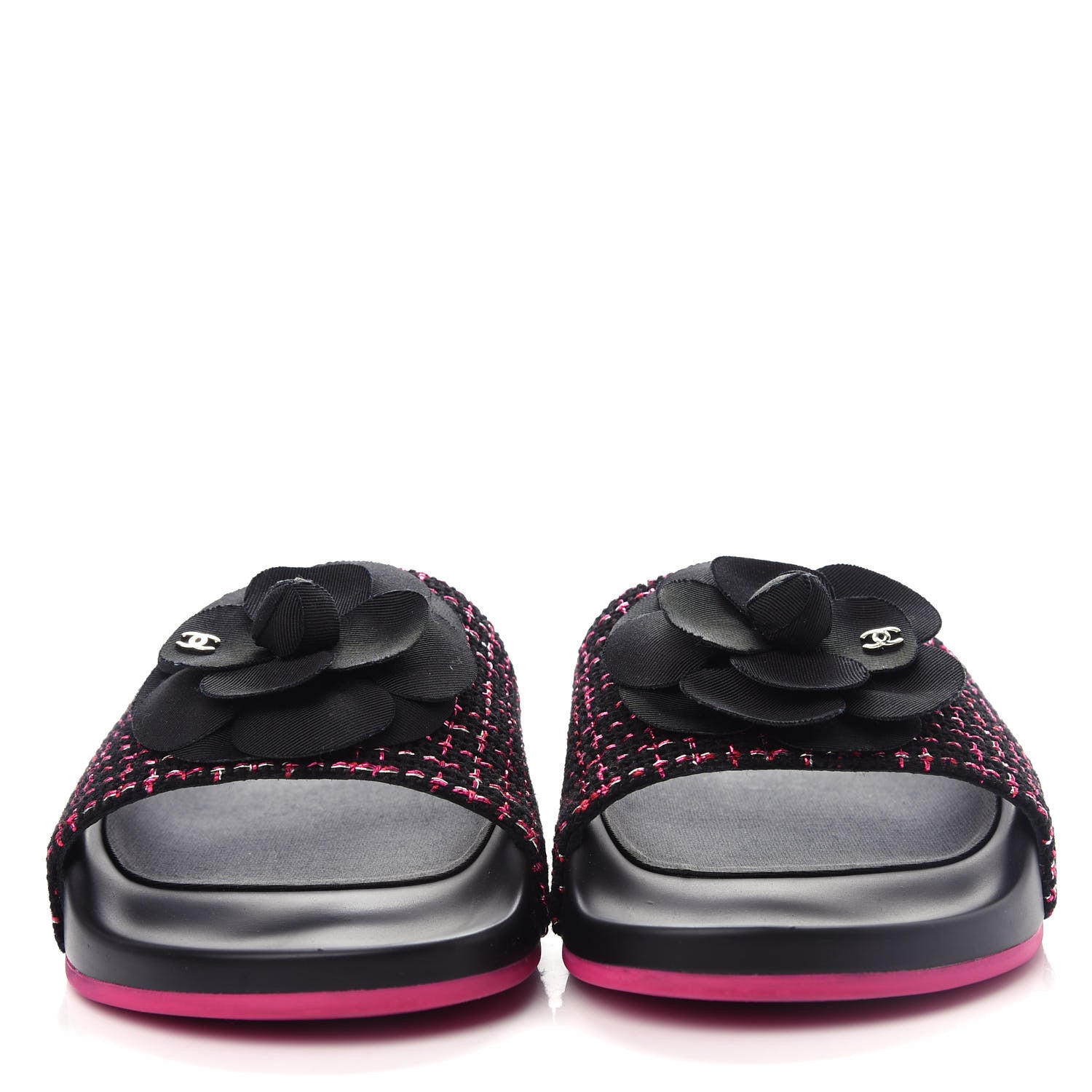 Chanel Tweed Grosgrain Camellia CC Flat Mules 37 Black Pink 2 of 11