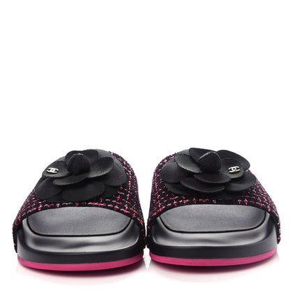 Chanel Tweed Grosgrain Camellia CC Flat Mules 37 Black Pink 2 of 11