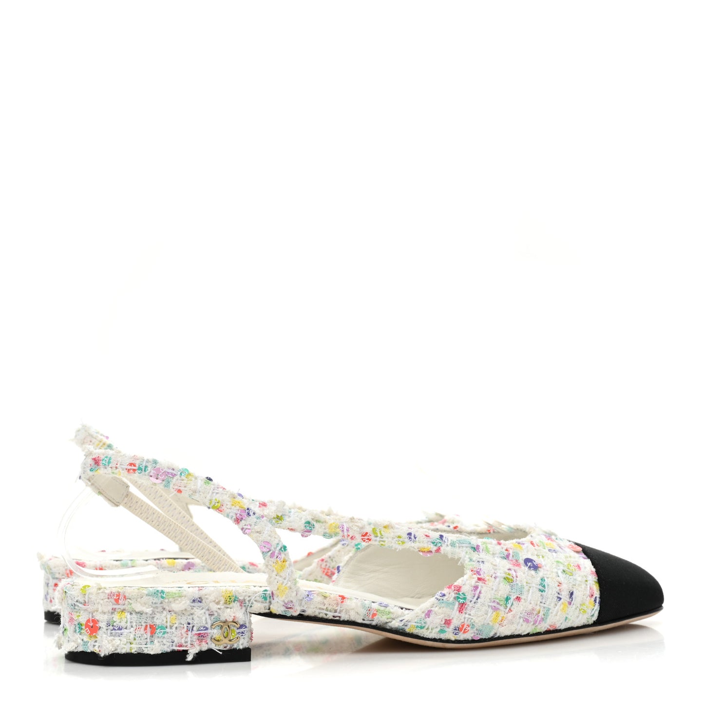 Tweed Grosgrain Toe CC Slingback Flat 36.5 White Multicolor Black