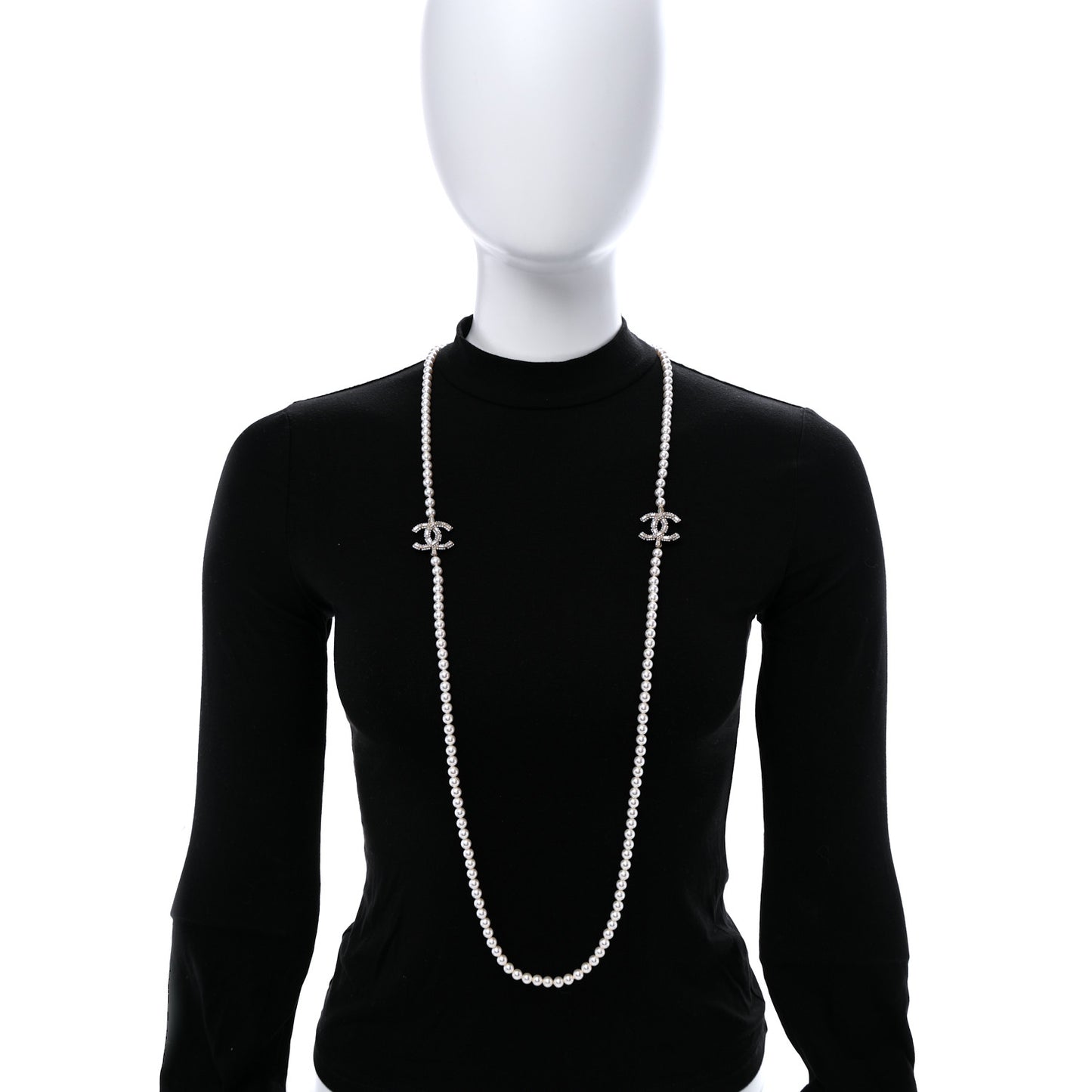 Pearl Baguette Crystal CC Long Necklace Gold