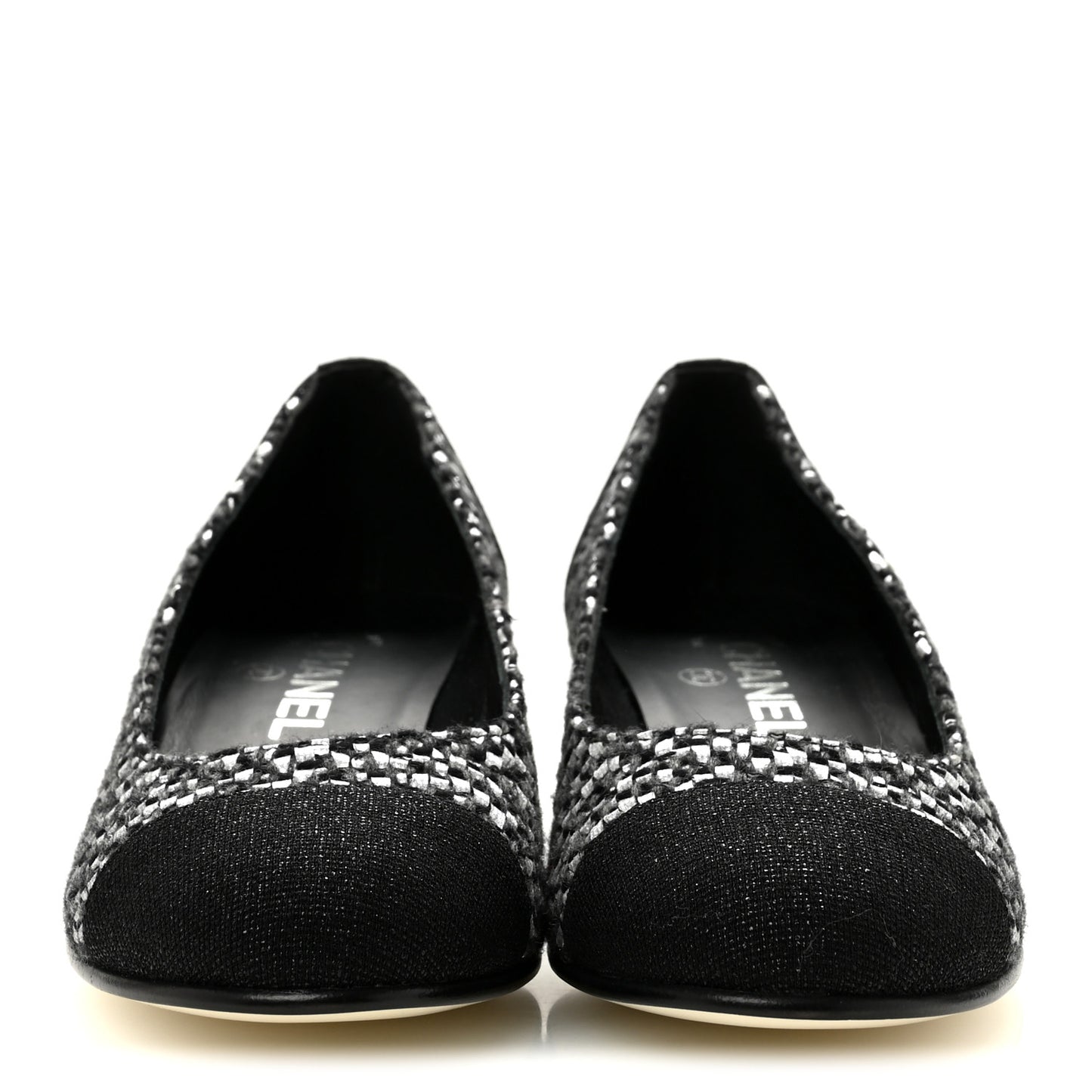Tweed Grosgrain Chain Cap Toe Low Heel Pumps 37 Silver Grey Black