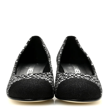 Chanel Tweed Grosgrain Chain Cap Toe Low Heel Pumps 37 Silver Grey Black 3 of 9