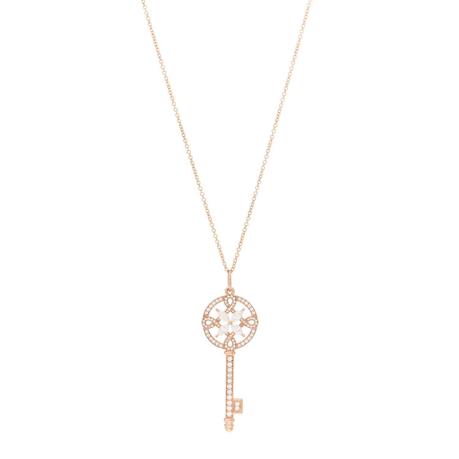 Tiffany 18K Rose Gold Diamond Round Victoria Key Pendant Necklace 1 of 5