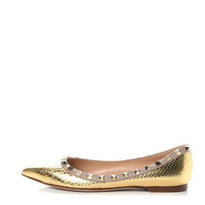 Valentino Garavani Metallic Elaphe Rockstud Ballerina Flats 36.5 Gold Poudre 1 of 9
