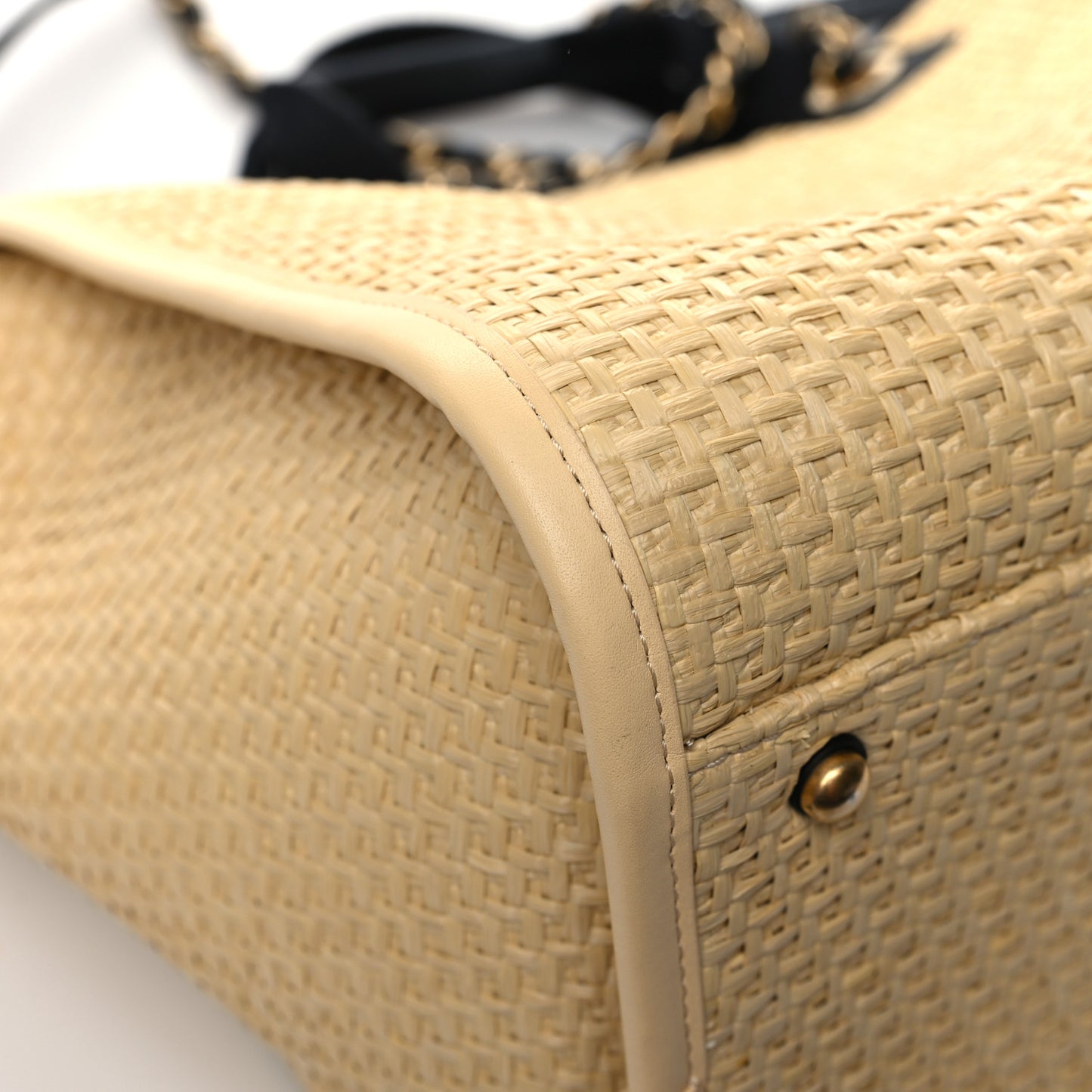 Straw Raffia Calfskin Chain Medium Deauville Tote Beige Black