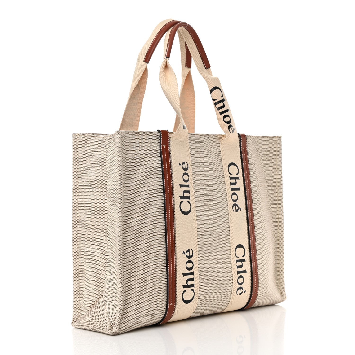 Chloe Cotton Calfskin Large Woody Ribbon Tote White Brown 3 of 11