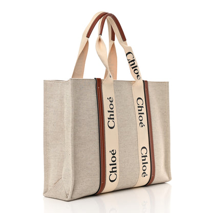 Chloe Cotton Calfskin Large Woody Ribbon Tote White Brown 3 of 11