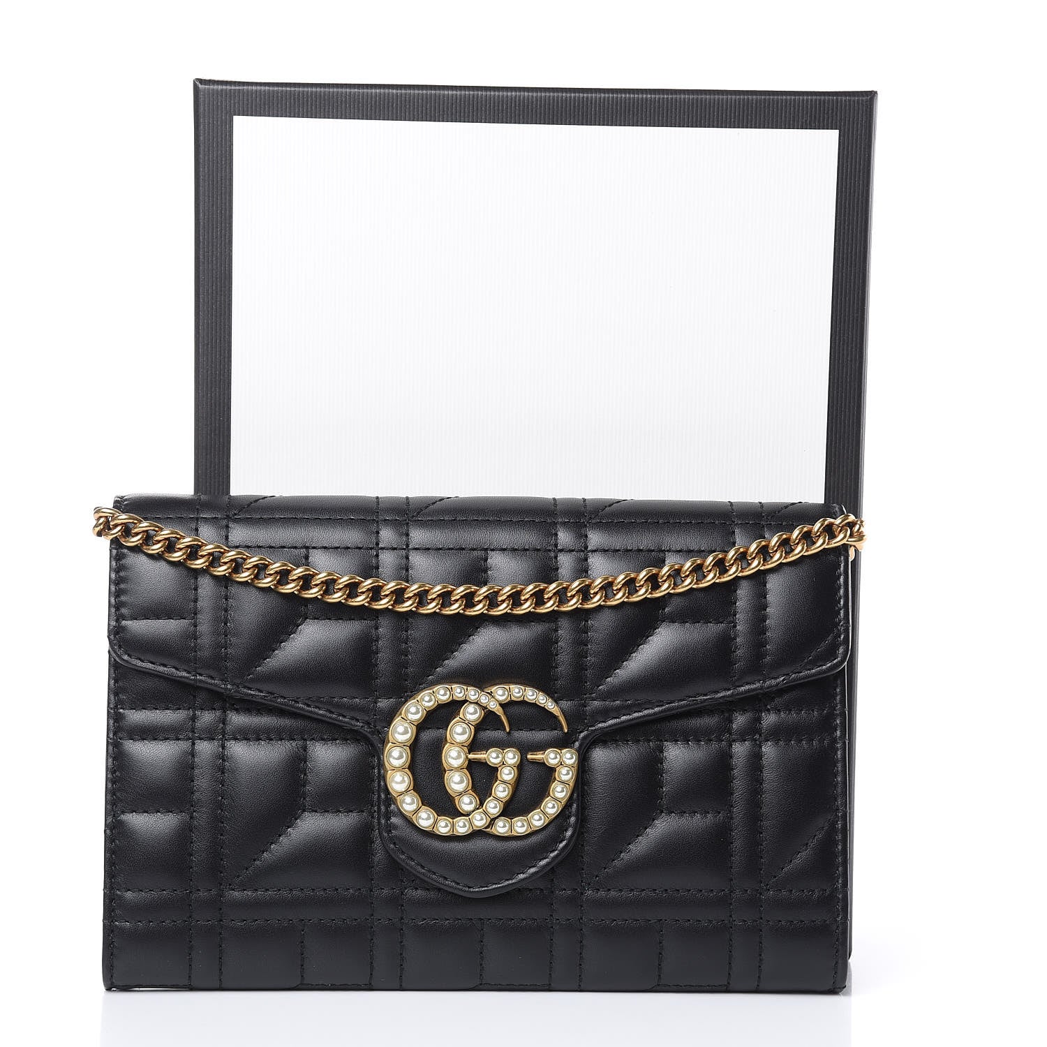 Gucci Calfskin Matelasse Mini Pearly GG Marmont Chain Wallet Black 11 of 12