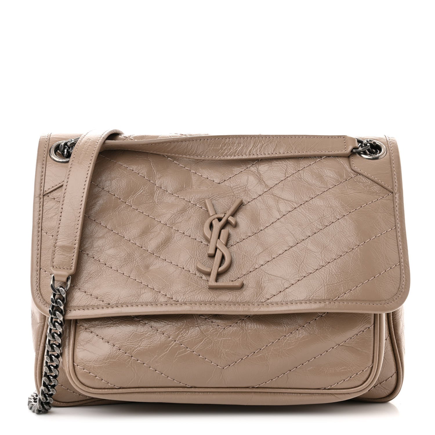 Saint Laurent Crinkled Calfskin Matelasse Monogram Medium Niki Chain Satchel Dusty Grey 1 of 11