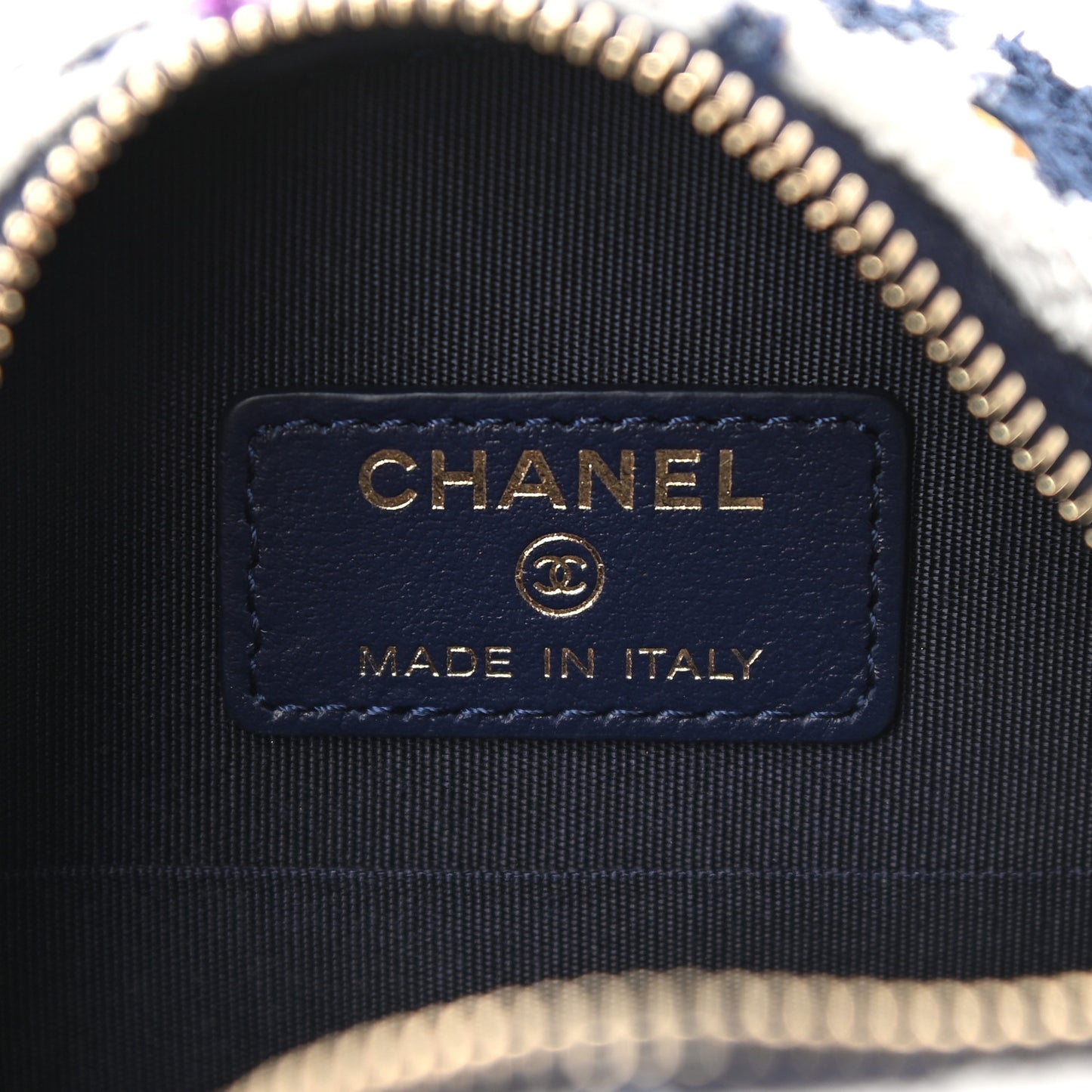 Tweed Chanel 19 Round Clutch With Chain Ecru Navy Blue Multicolor