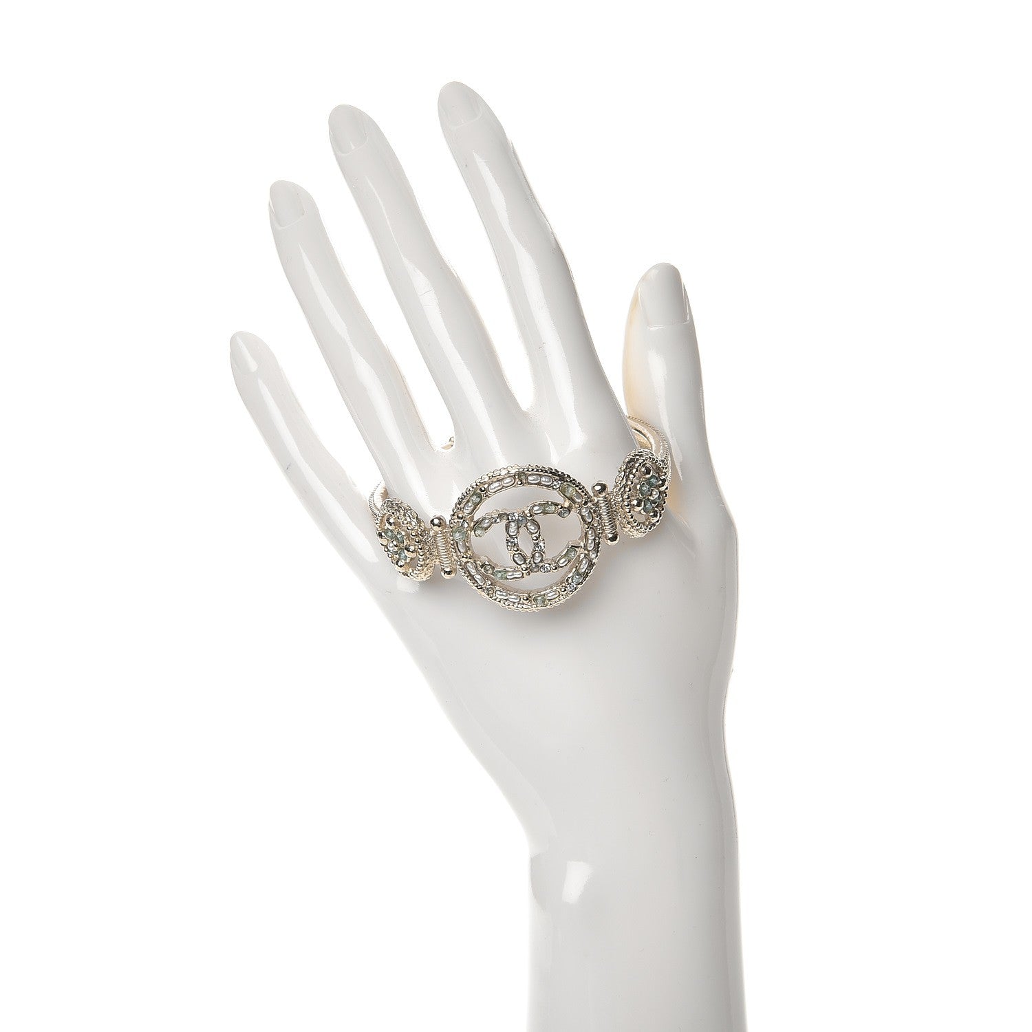 Chanel Metal Pearl Strass CC Bangle Gold Blue Pearly White 2 of 5