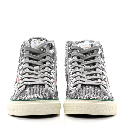 Gucci Sequin Web Matelasse Womens 1977 Tennis High Top Sneakers 38 Silver Light Grey 2 of 8