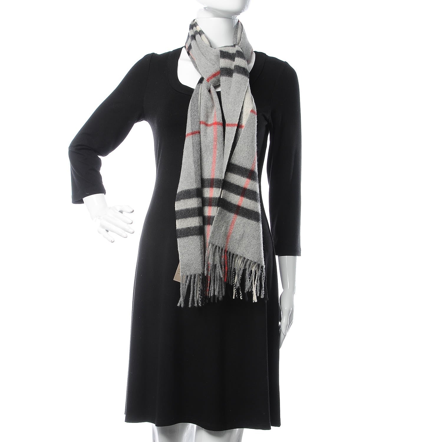 Burberry Cashmere Giant Check Fringe Scarf Grey 2 of 4
