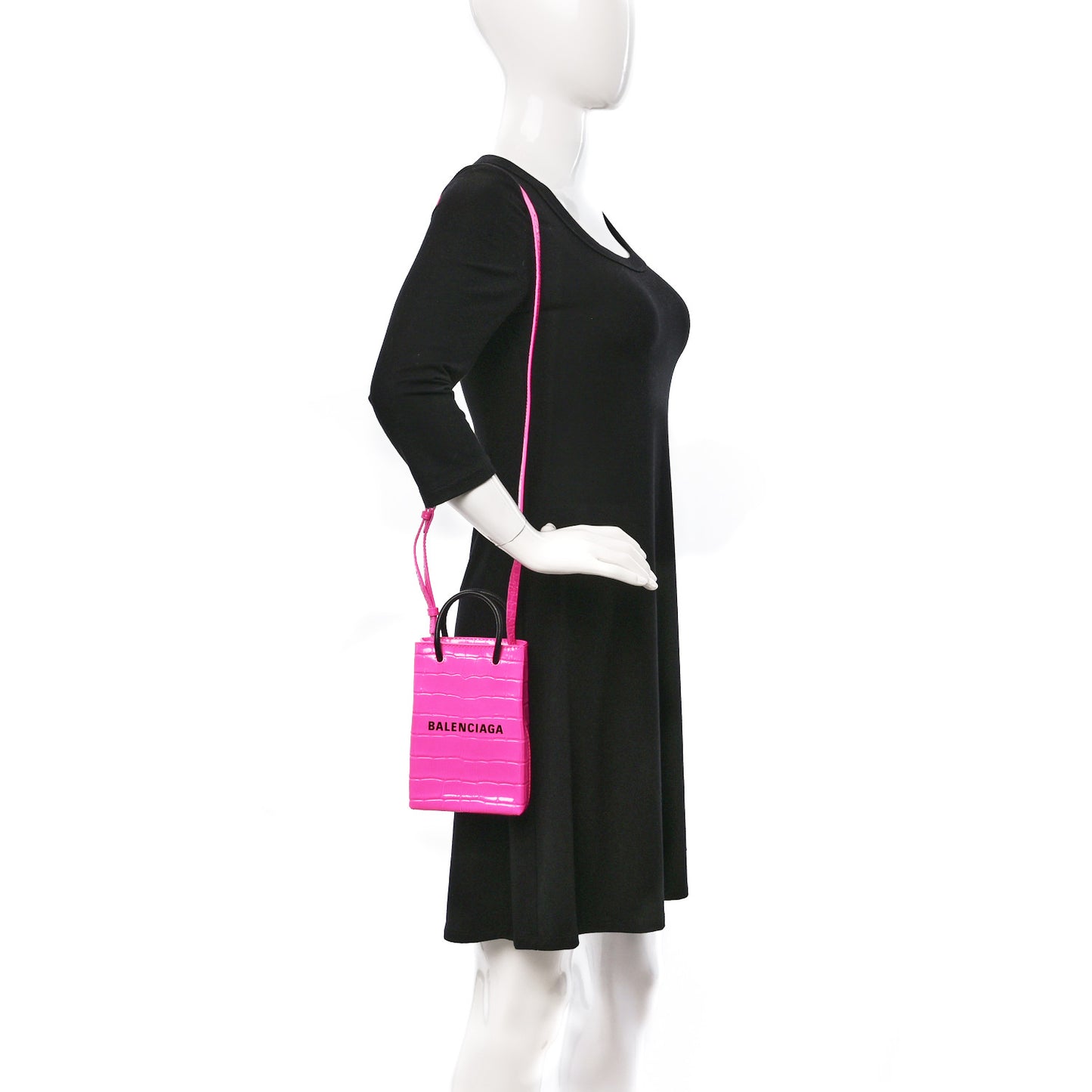 Shiny Calfskin Crocodile Embossed Logo Shopping Phone Holder Bag Pink Black