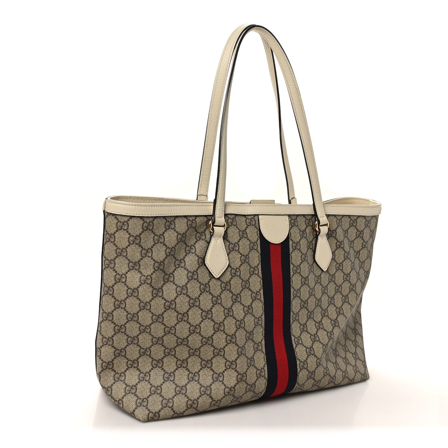 Gucci GG Supreme Monogram Textured Dollar Calfskin Web Medium Ophidia Shopping Tote Beige Ebony Mystic White 3 of 10