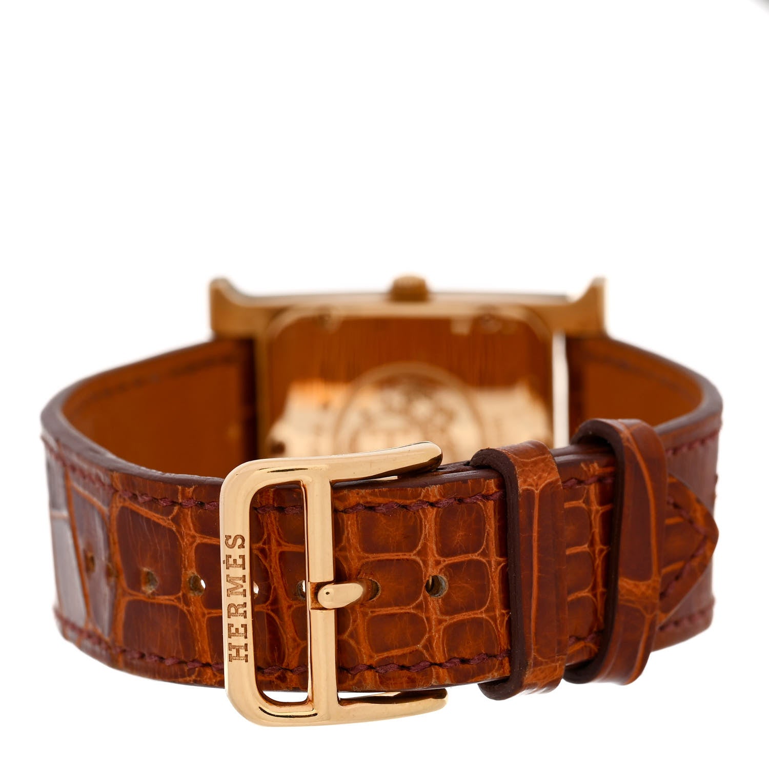 Hermes 18K Yellow Gold Alligator Diamond Bezel 21mm Heure H Hour Quartz Watch Brown 3 of 5