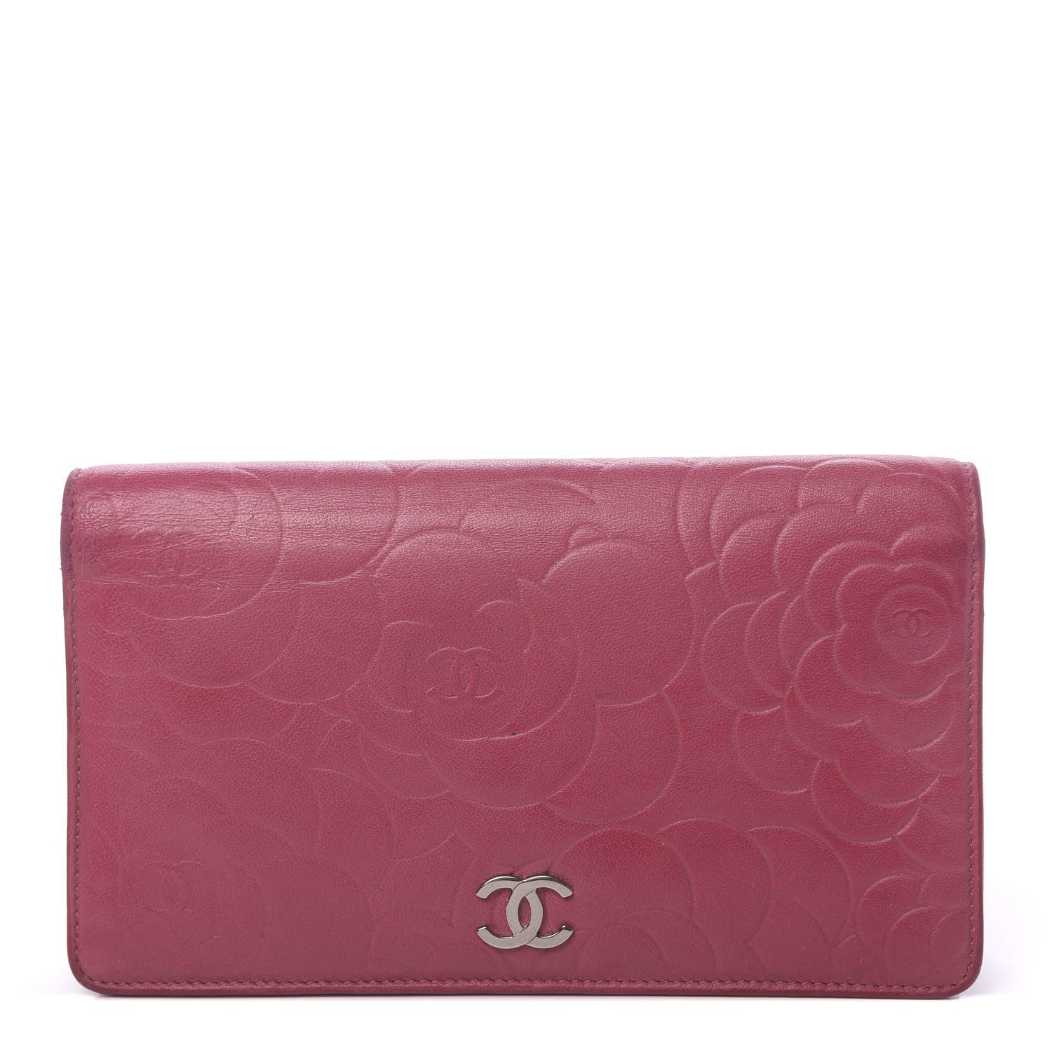 Chanel Lambskin Camellia Embossed Yen Wallet Fuchsia 1 of 12