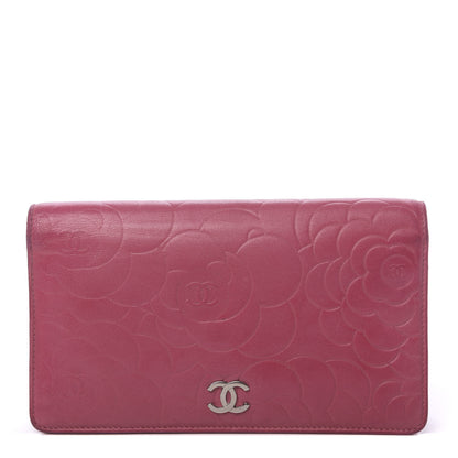 Chanel Lambskin Camellia Embossed Yen Wallet Fuchsia 1 of 12