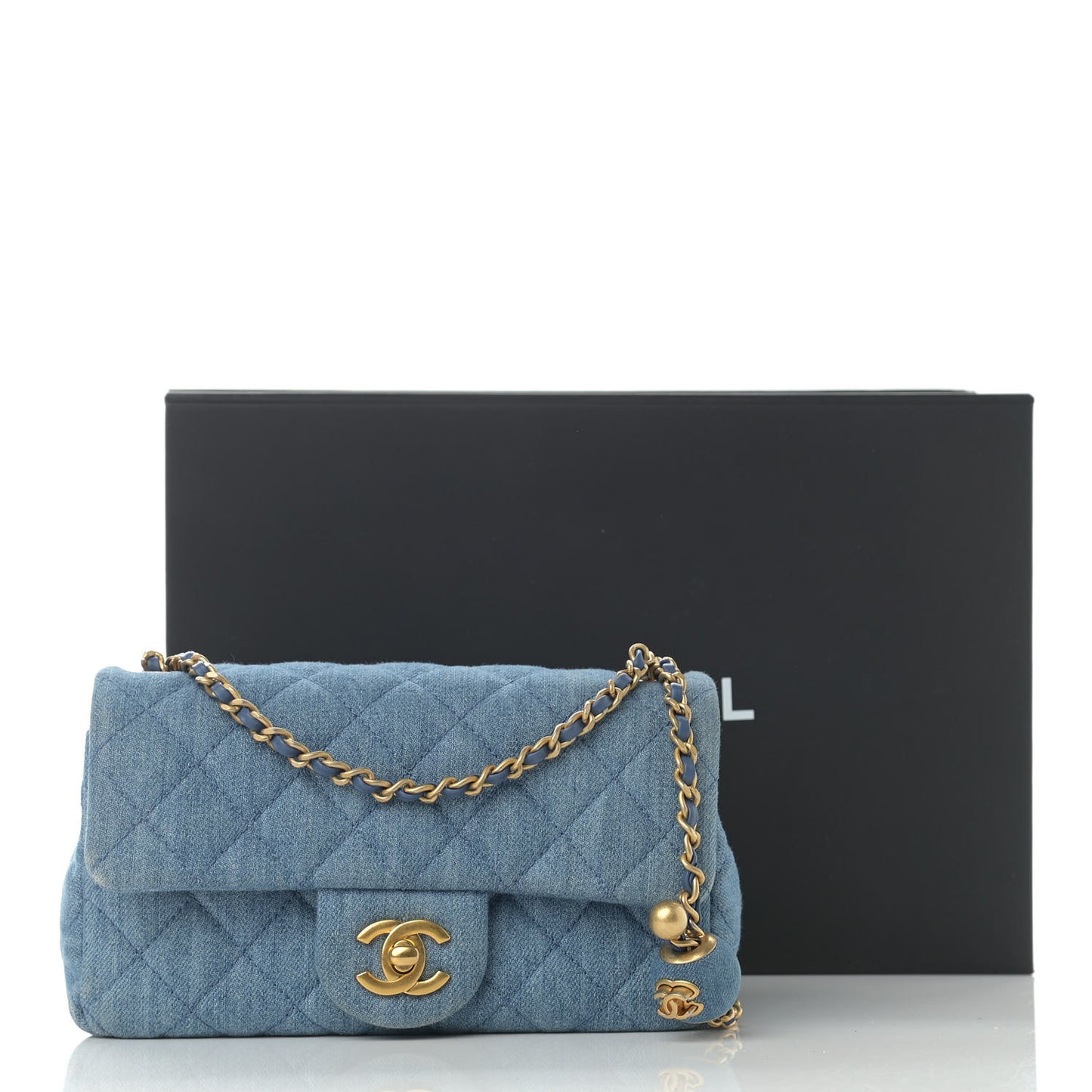 Denim Quilted Mini Pearl Crush Rectangular Flap Blue
