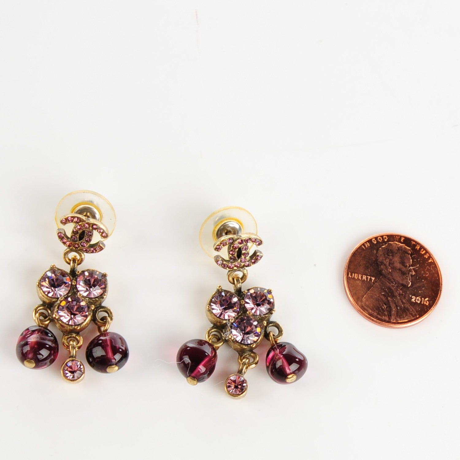 Chanel Crystal Beaded CC Dangle Earrings Burgundy Pink 2 of 4
