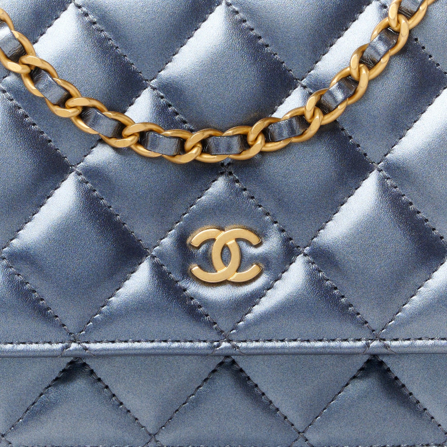 Metallic Lambskin Wallet On Chain WOC Dark Blue