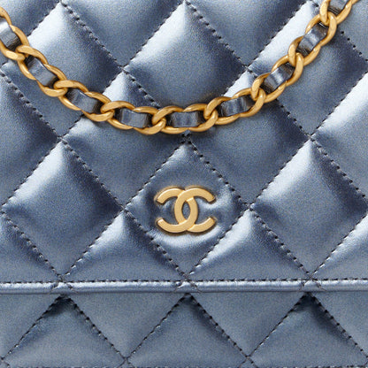 Chanel Metallic Lambskin Wallet On Chain WOC Dark Blue 9 of 12
