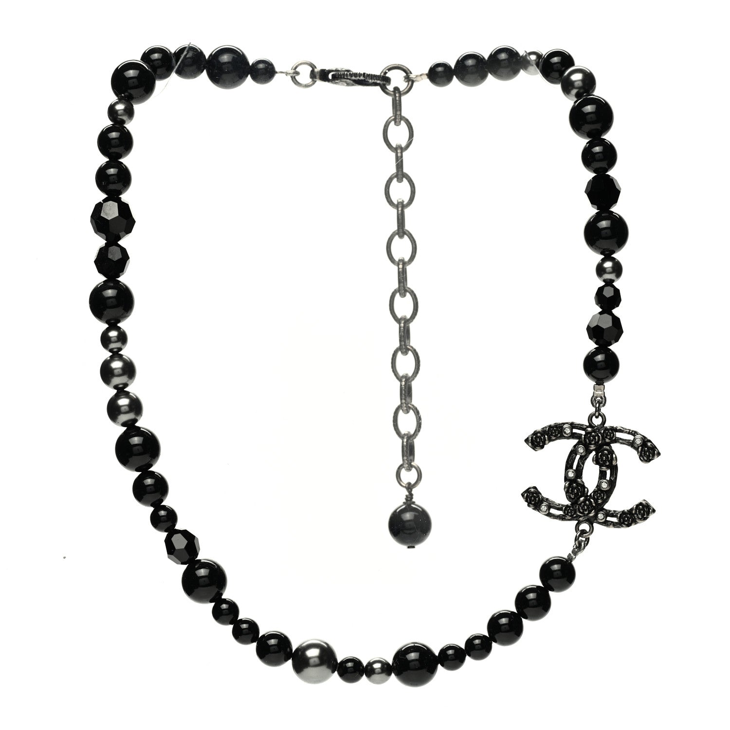Chanel Pearl Crystal CC Camellia Necklace Ruthenium Black 3 of 7