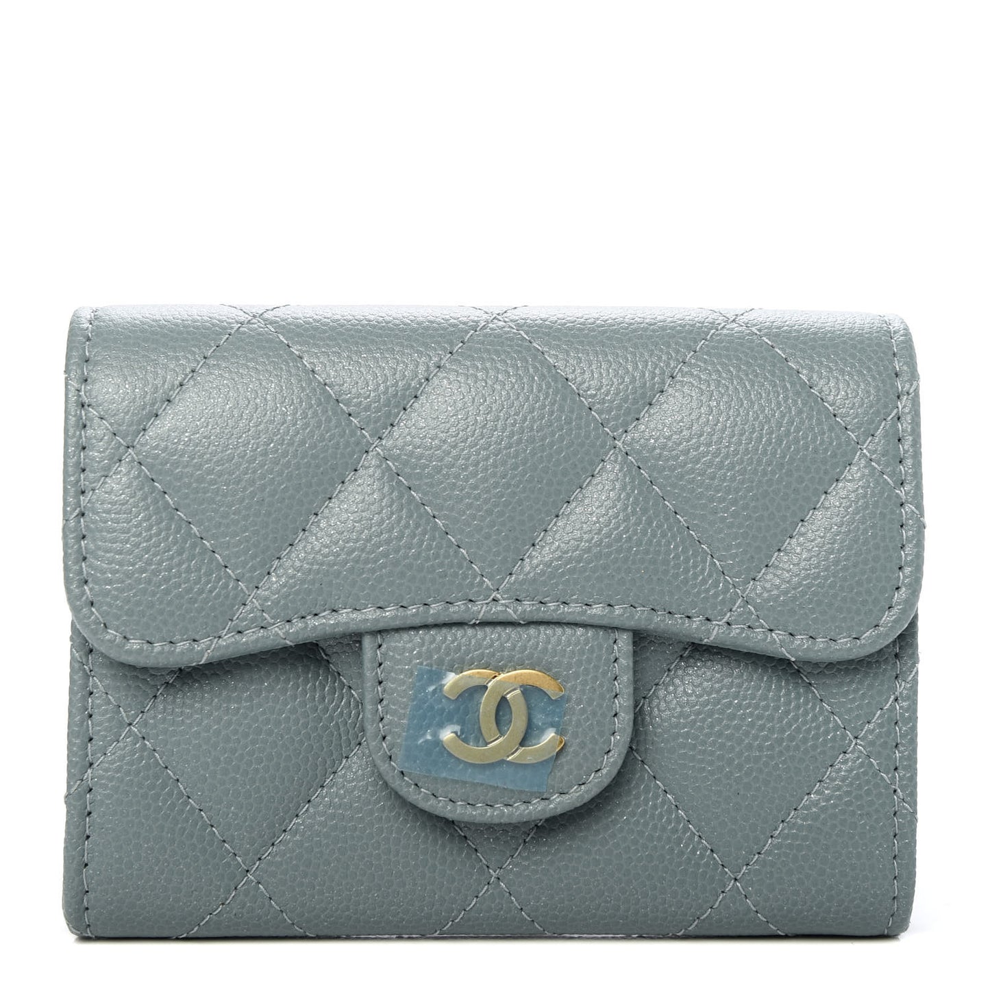 Iridescent Caviar Quilted Flap Card Holder Wallet Light Blue