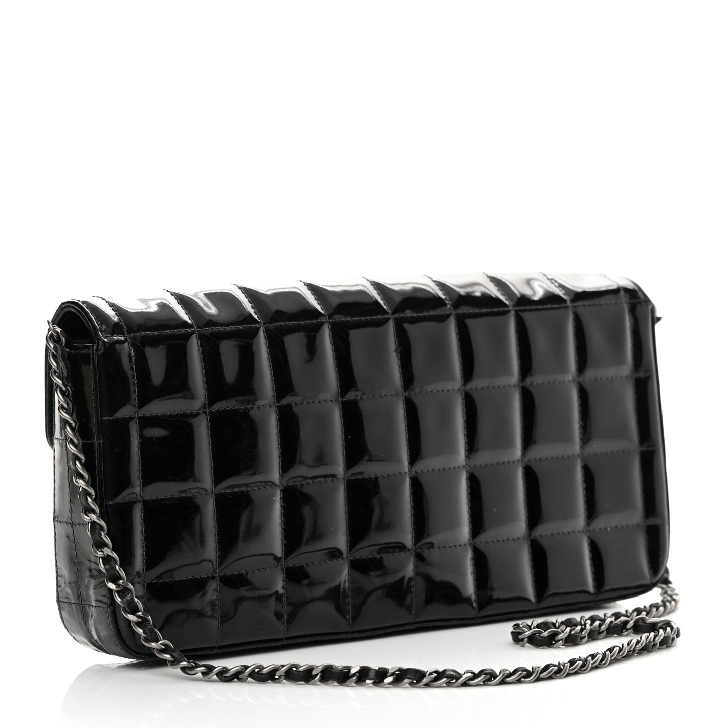 Patent Quilted East West Chocolate Bar Flap Black