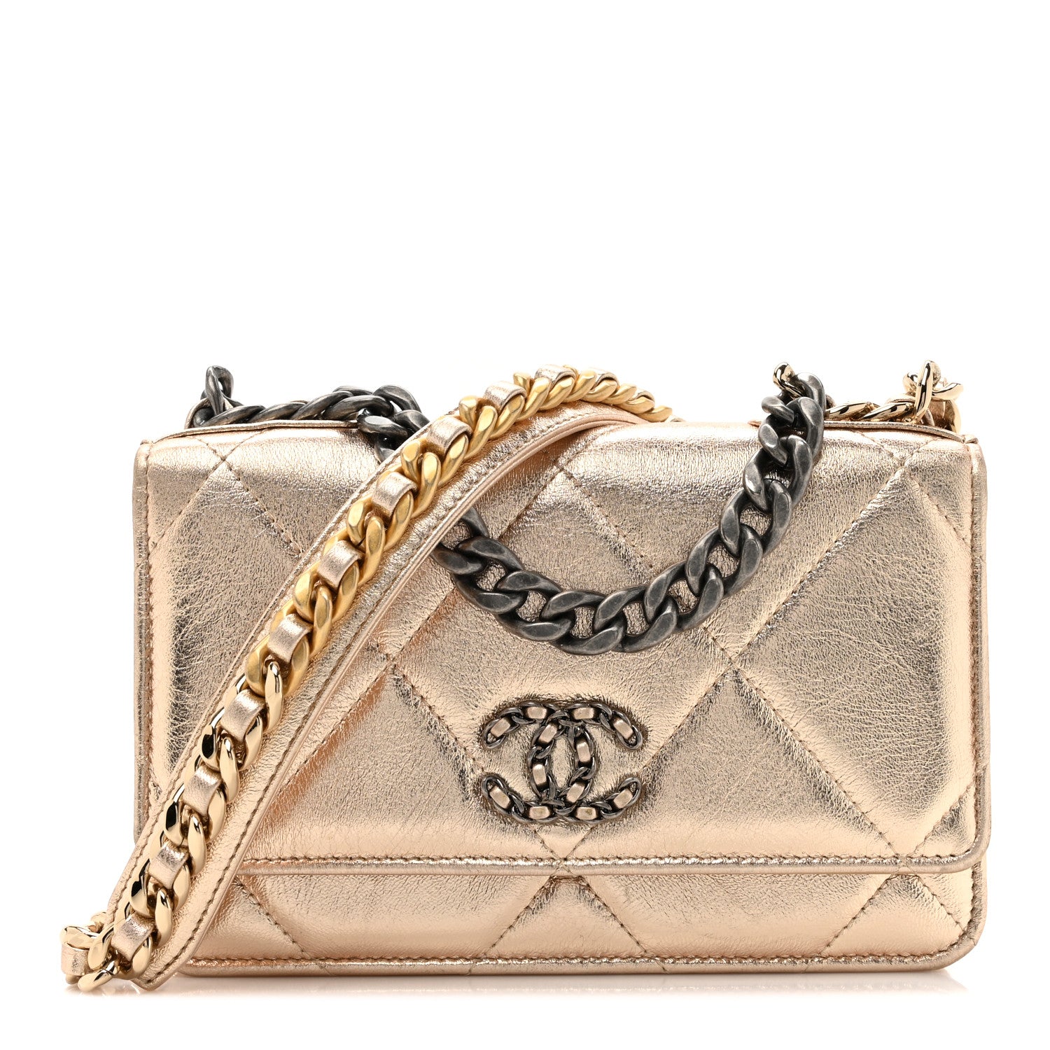 Chanel Metallic Goatskin Quilted Chanel 19 Wallet On Chain WOC Gold 1 of 15