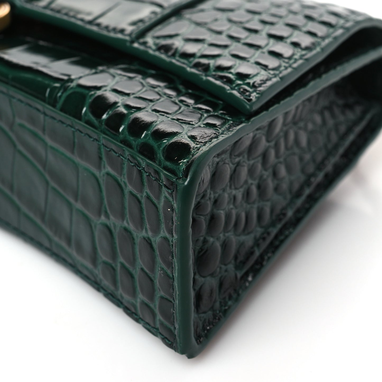 Shiny Calfskin Crocodile Embossed Small Hourglass Evening Chain Bag Forest Green
