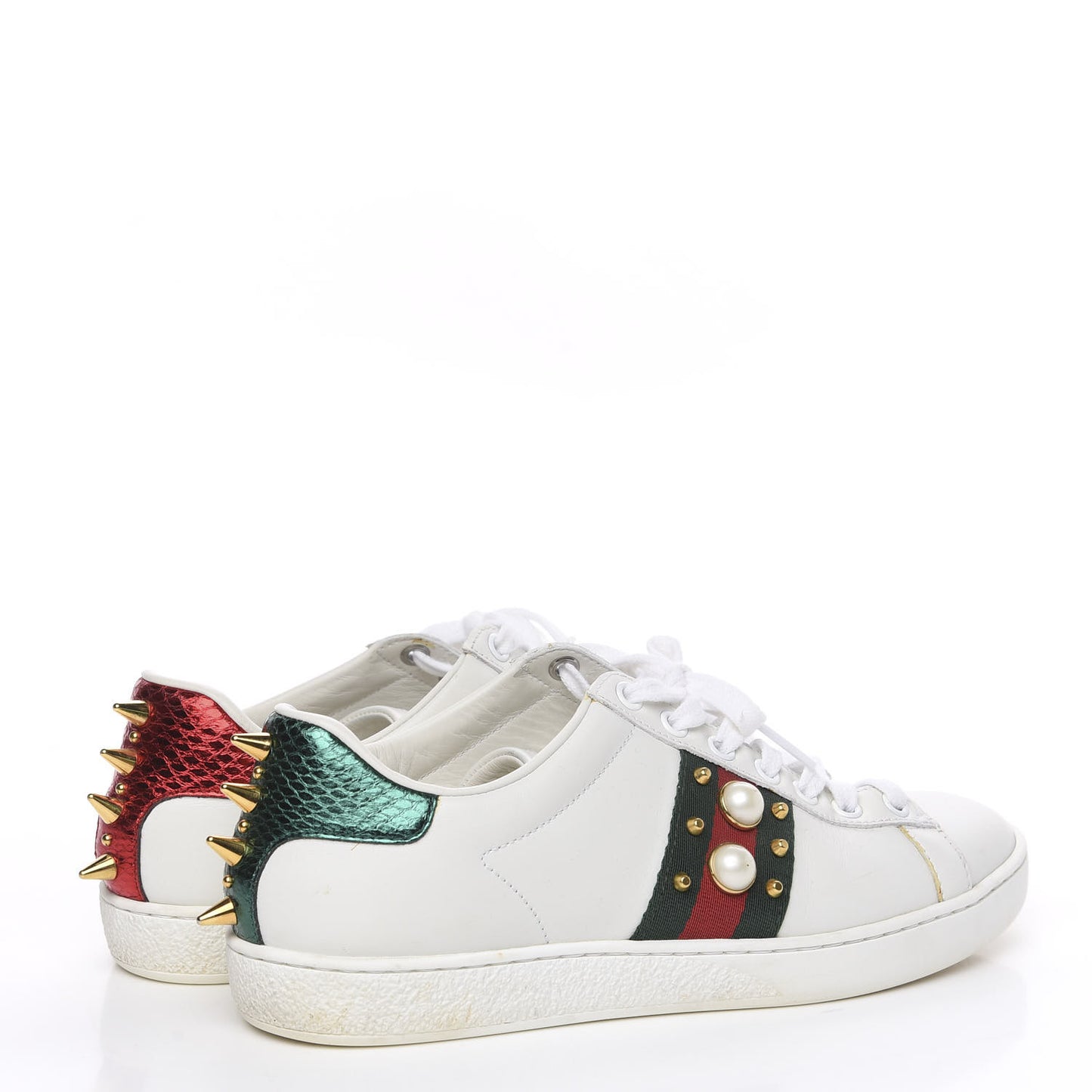 Calfskin Web Pearl Studded Womens Ace Sneakers 36.5 White