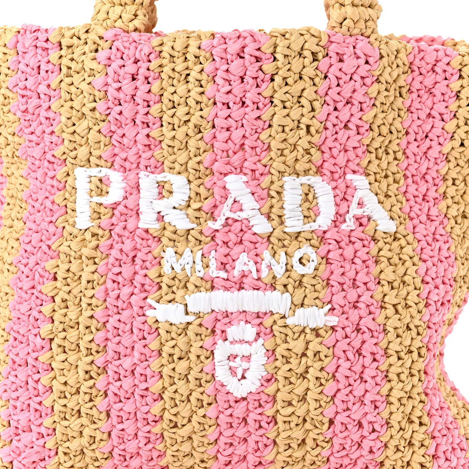 Prada Yarn Raffia Effect Crochet Striped Small Logo Tote Naturale Petalo 7 of 9