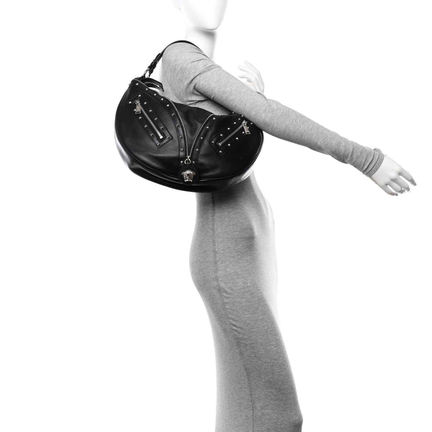 Calfskin Studded Medium Repeat Zip Hobo Black