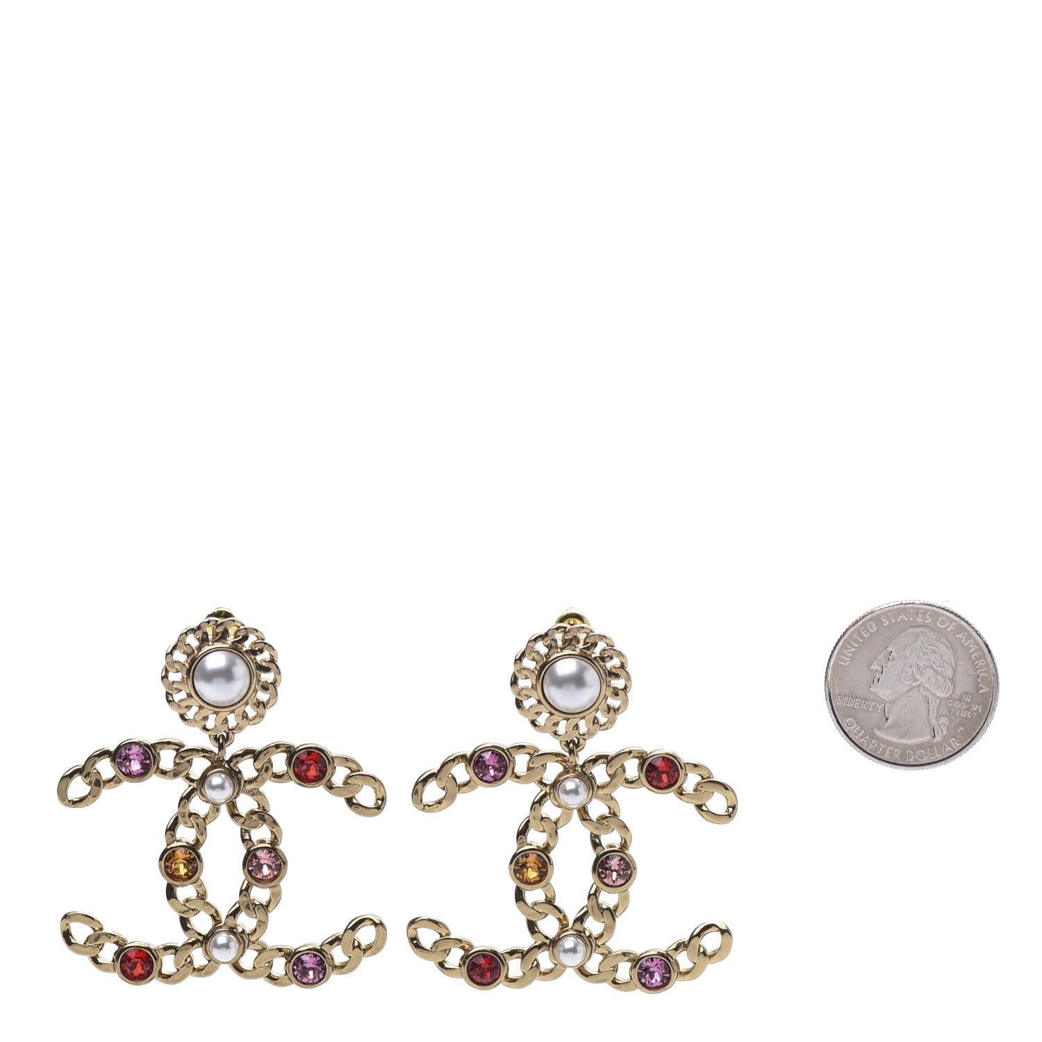 Chanel Pearl Crystal Chain Link CC Drop Earrings Gold Red Pink Yellow 2 of 5