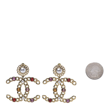 Chanel Pearl Crystal Chain Link CC Drop Earrings Gold Red Pink Yellow 2 of 5