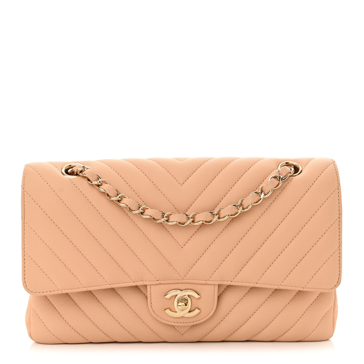 Caviar Chevron Quilted Medium Double Flap Beige