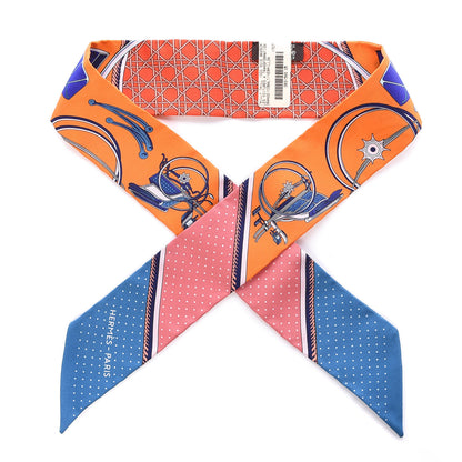 Hermes Silk Les Voitures A Transformation Twilly Orange Cobalt Vermillon 2 of 5