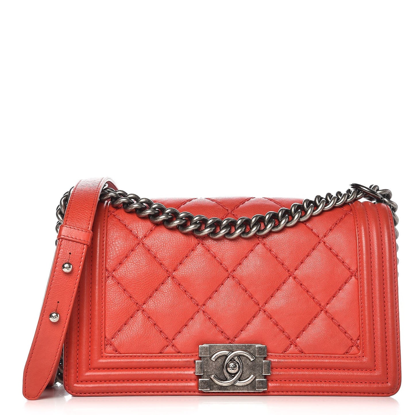 Calfskin Quilted Double Stitch Medium Boy Flap Red