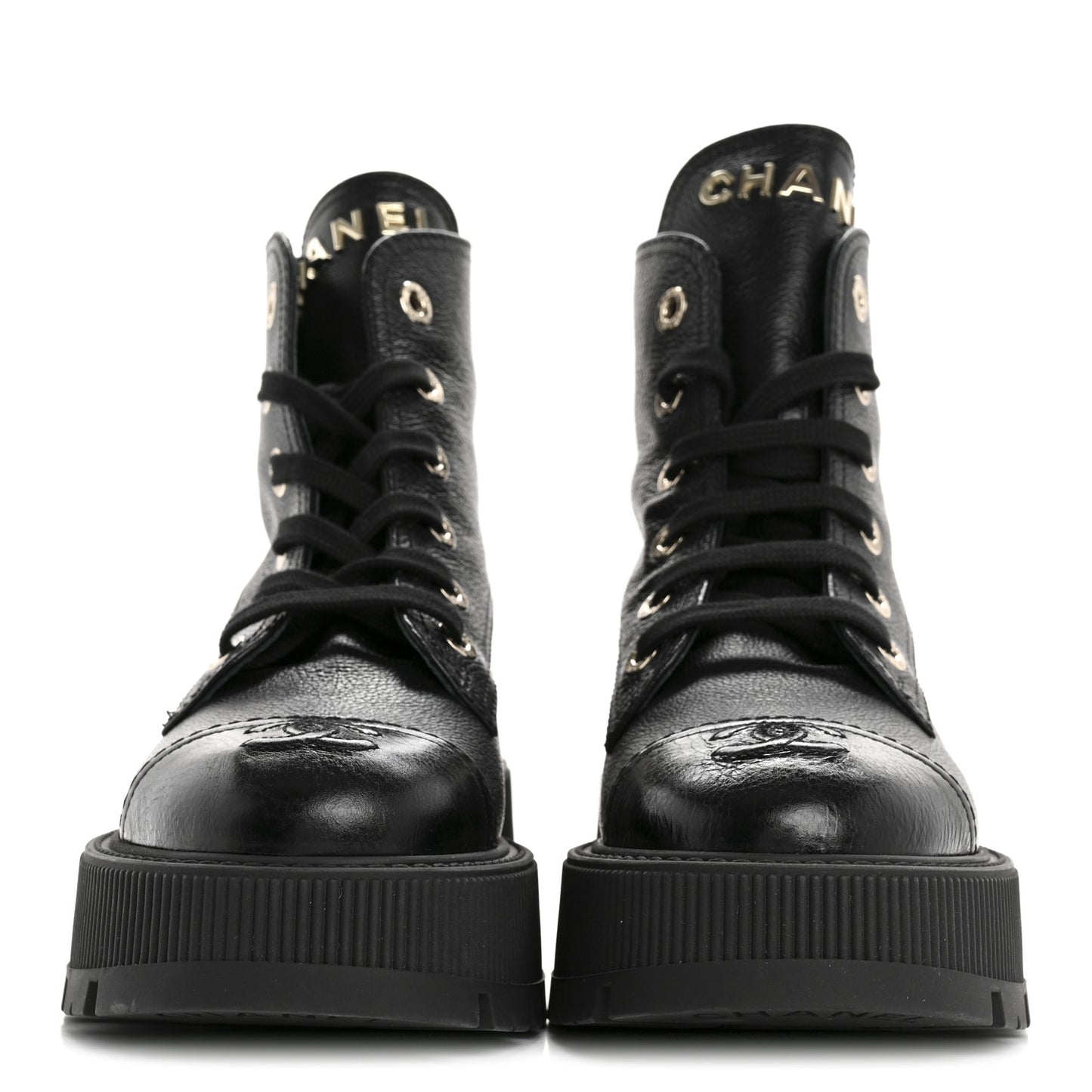Grained Calfskin Shiny Calfskin CC Lace Up Combat Boots 37.5 Black