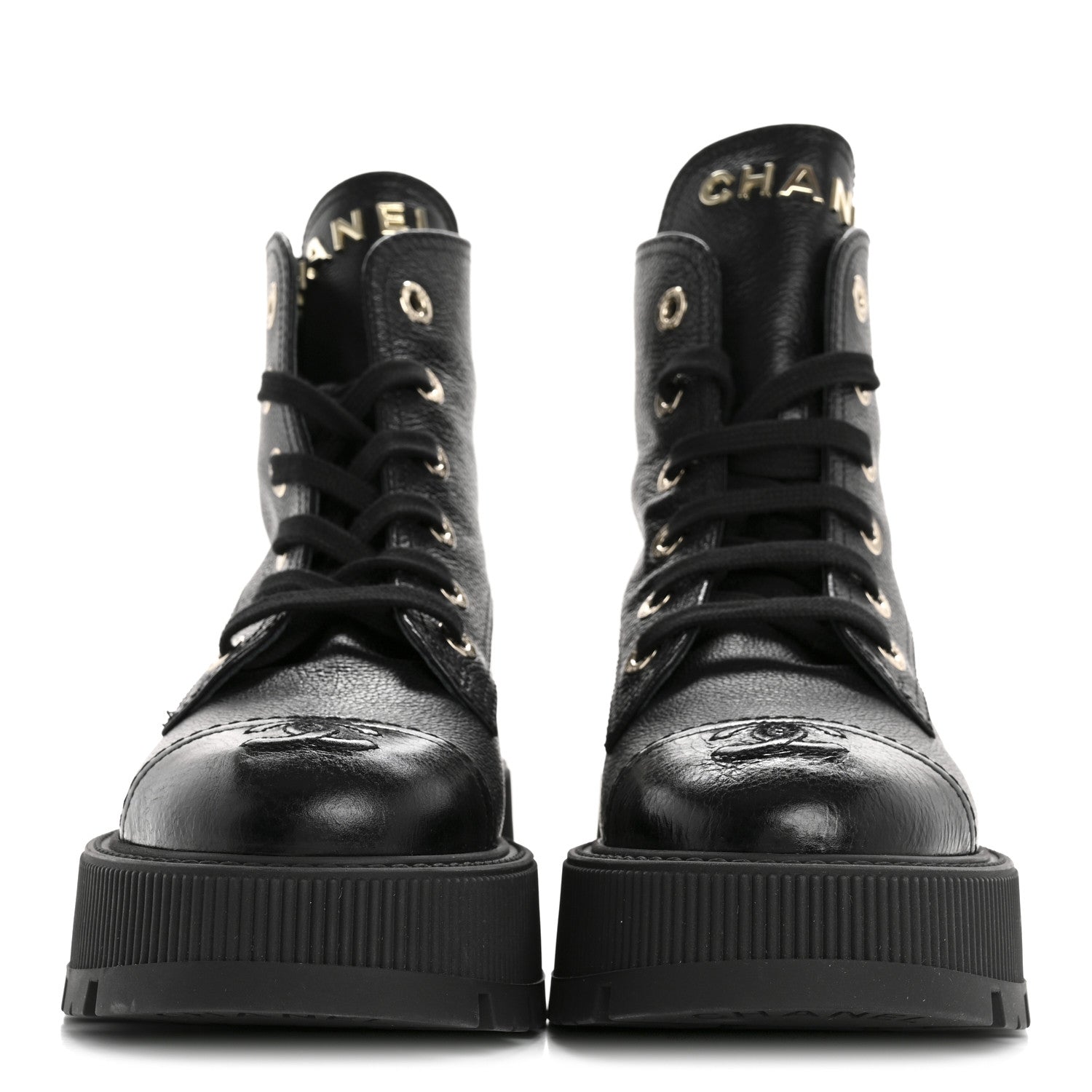 Chanel Grained Calfskin Shiny Calfskin CC Lace Up Combat Boots 37.5 Black 3 of 10