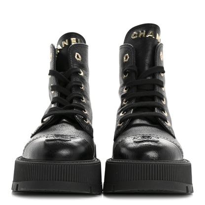 Chanel Grained Calfskin Shiny Calfskin CC Lace Up Combat Boots 37.5 Black 3 of 10