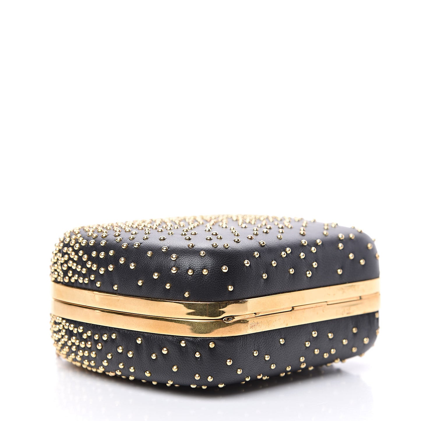 Nappa Studded Mini Queen and King Skull Box Chain Clutch Black Gold