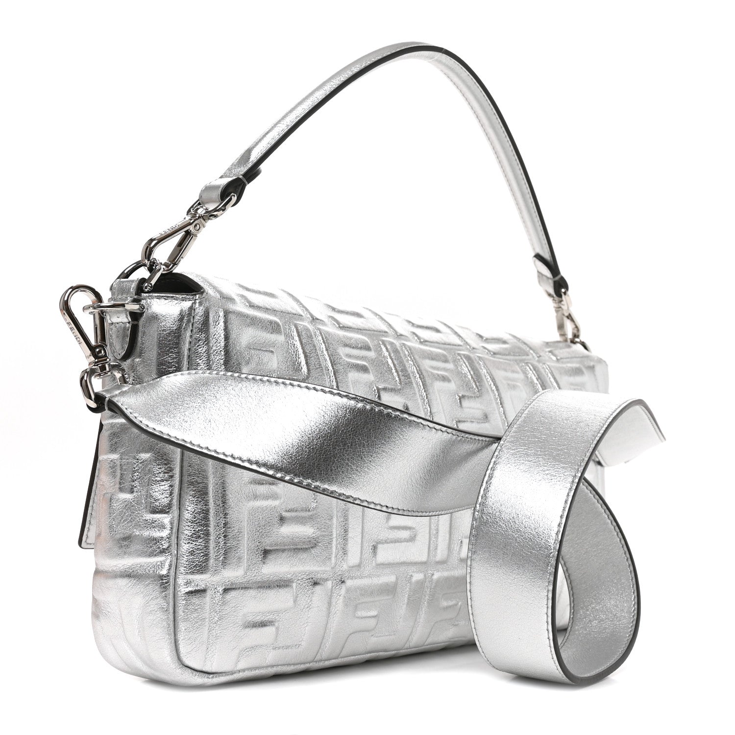 Fendi Vitello Catalan Mirror FF 1974 Embossed Large Baguette Argento 2 of 9