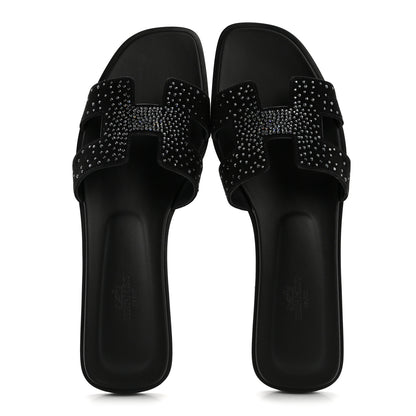 Hermes Suede Crystal Embellished Oran Sandals 40 Black 2 of 10