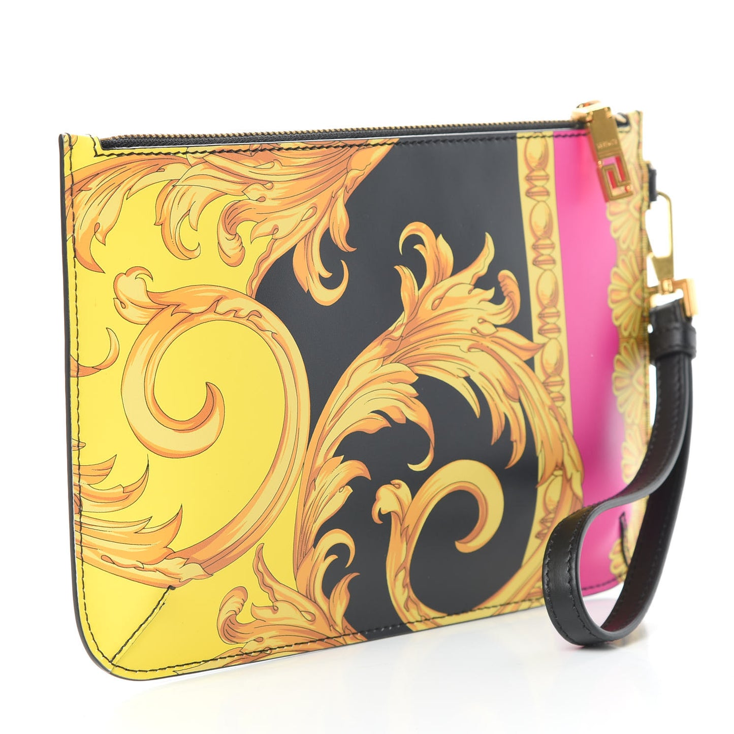 Vitello Baroque Print Icon Wristlet Pouch Black Gold Multi