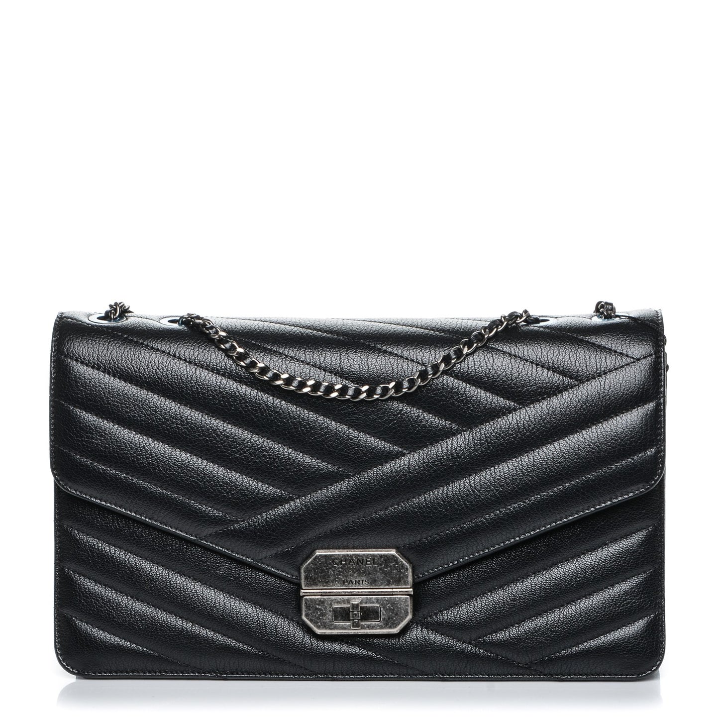 Shiny Goatskin Chevron Quilted Gabrielle Flap Black