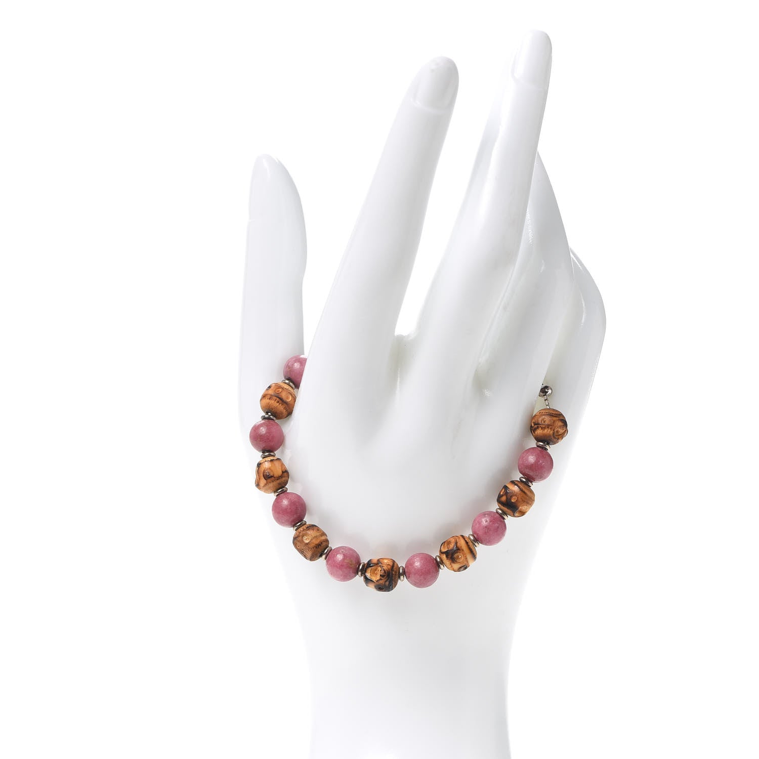 Gucci Sterling Silver Bamboo Pink Rodonite Beaded Bracelet 2 of 4