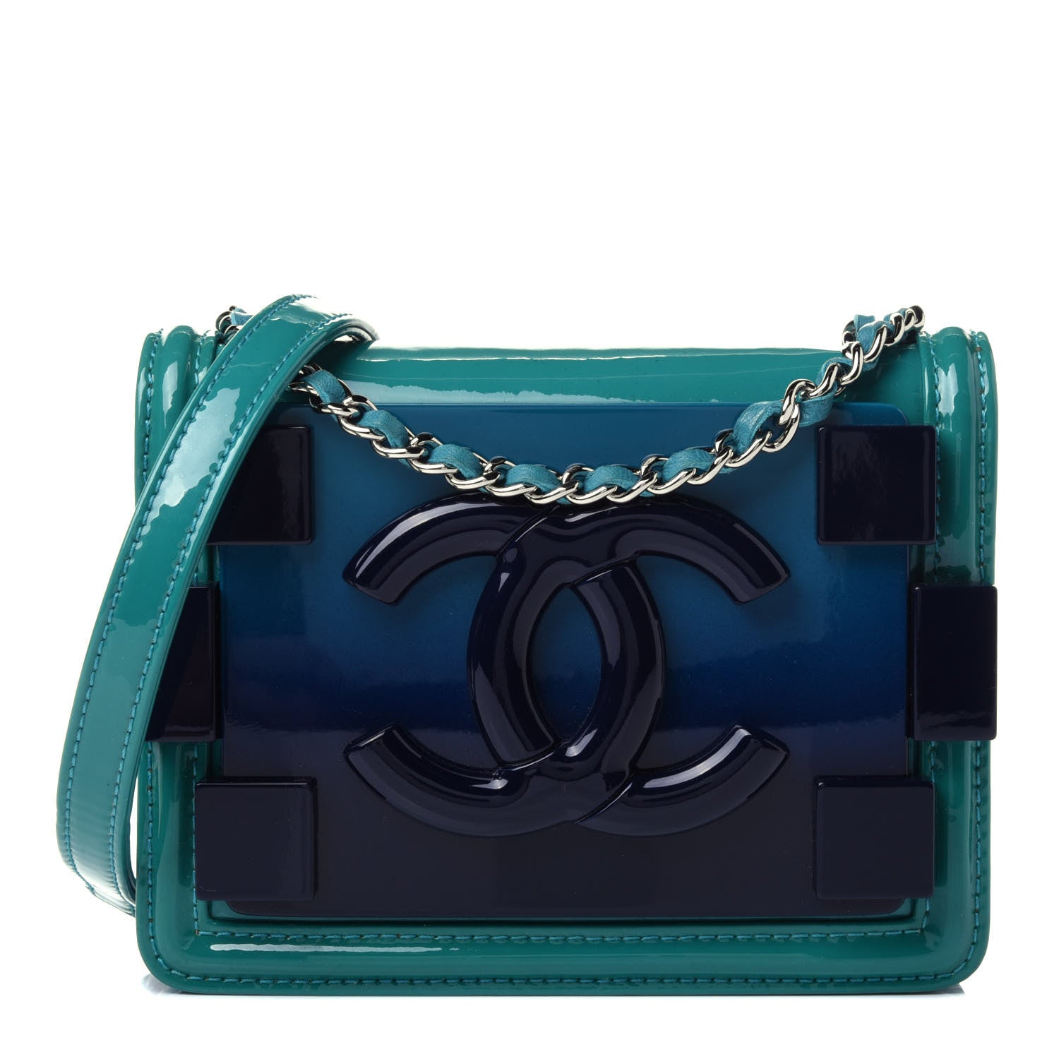 Chanel Plexiglass Patent Mini Boy Brick Flap Turquoise Navy 1 of 4